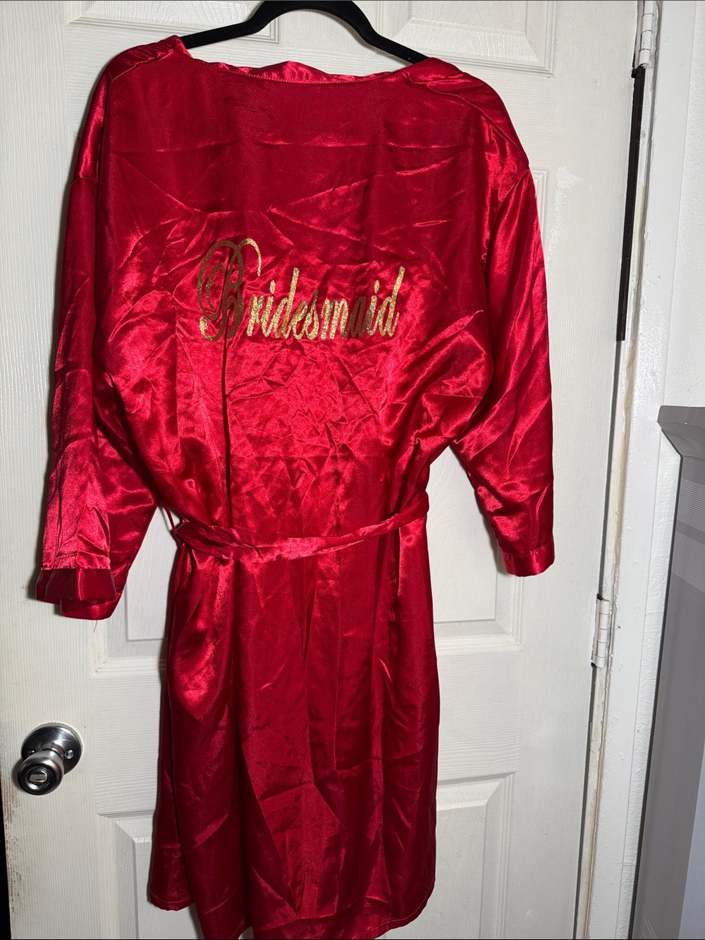 Red Satin 'Bridesmaid' Robe with Gold Script